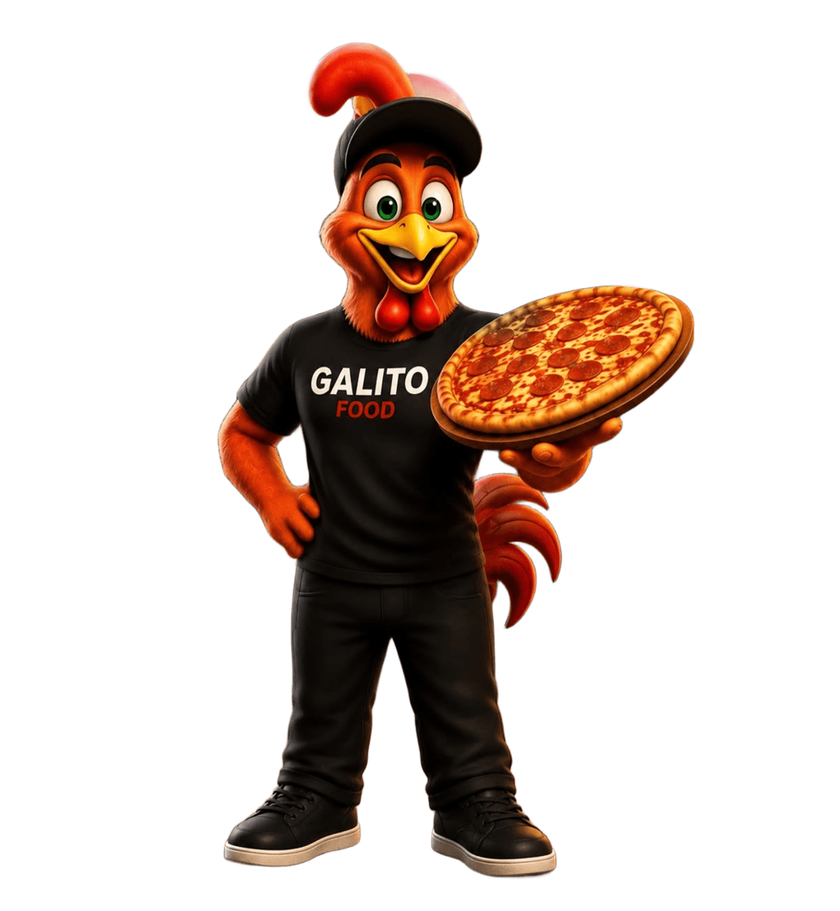 Mascote Galito Food, um galo 3D segurando uma pizza de pepperoni